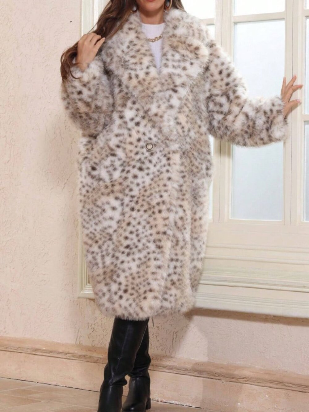 Leopard Print Casual Women's Long Loose Coat With Lapel Collar - Picture 11 of 12
